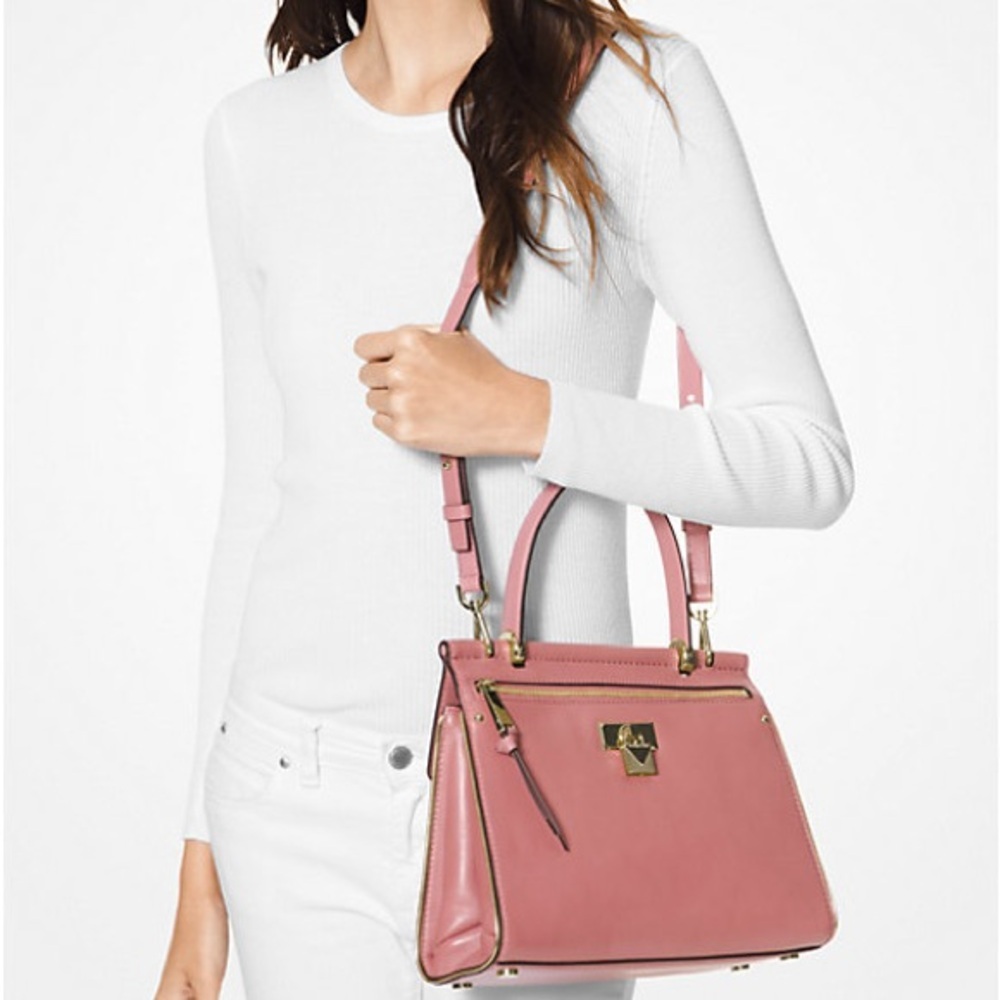 Michael Kors Rose Pink Jasmine Satchel Purse Quiet Luxury Structured Leather Bag - Picture 8 of 14